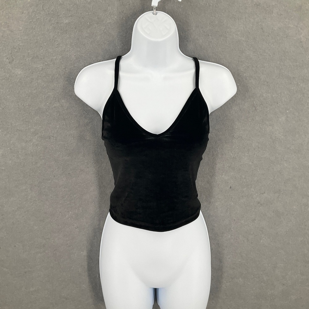 Brandy Melville Black Velvet Cami Tank Top Sleeveless V Neck Crop Romantic